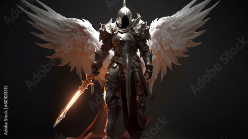 angel, wings, statue, isolated, knight, sculpture, soldier, warrior, sword, art, medieval, armor, white, metal, history, gold, war, armour, helmet, eagle, robot, generative, ai photo