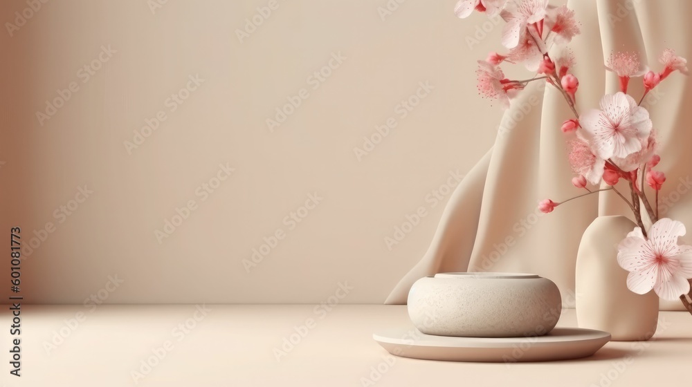 3D display podium with curtain on beige background 3D display podium with curtain on beige background