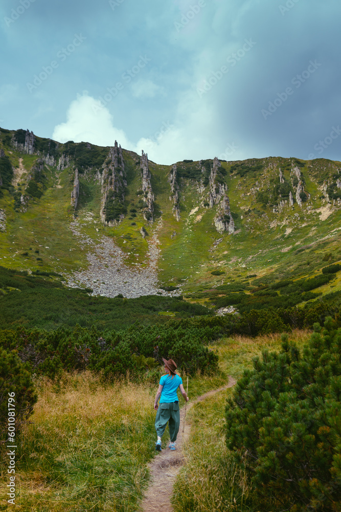 A woman hiker with a wide hat moves to the top of Spytsi mountain, Carpathians, Ukraine. He has a long stick in his hands. Travel and active recreation. Vertical photo