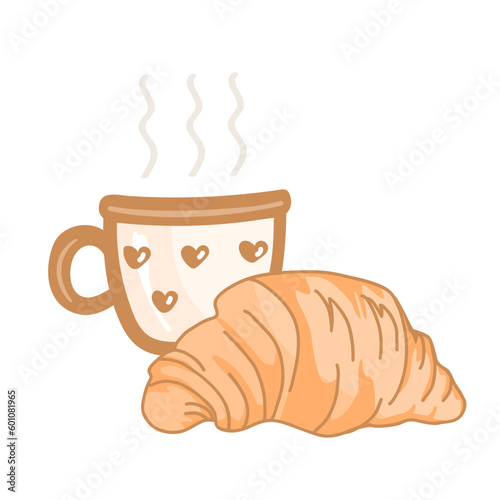 Cup of coffee and croissant. Doodle hand drawn isolated illustration. Tasty and pleasant morning concept.
