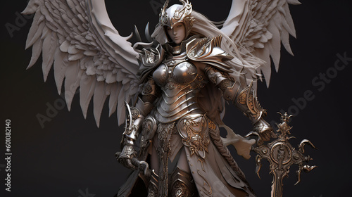 angel, wings, statue, isolated, knight, sculpture, soldier, warrior, sword, art, medieval, armor, white, metal, history, gold, war, armour, helmet, eagle, robot, generative, ai