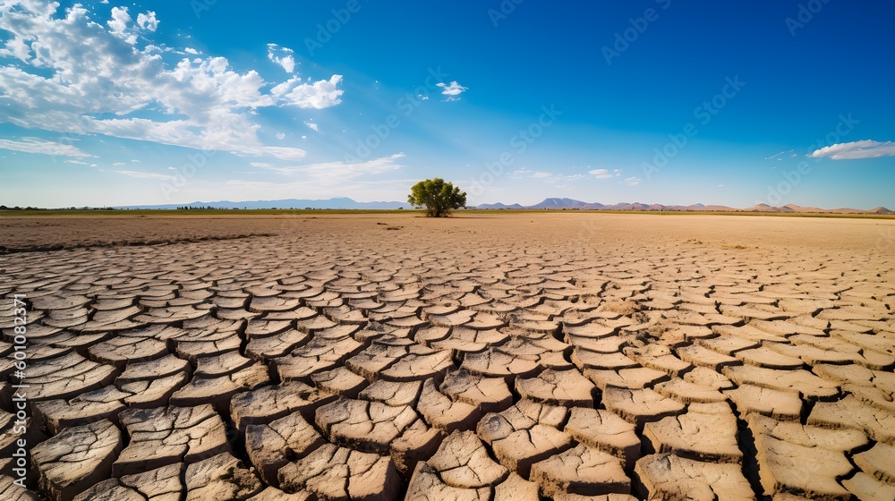 Lonely tree on dry cracked earth - El Niño