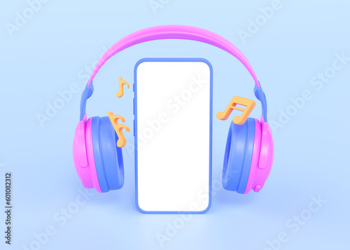 Portable headphones with phone and music notes 3d render illustration - wireless earphone, smartphone with white display