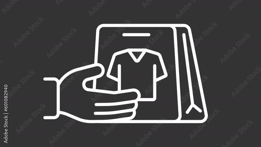 Clothing store white icon animation. Animated line courier handing over package parcel. Loop HD video with chroma key, alpha channel, transparent background. Outline motion graphic animation Clothing store white icon animation. Animated line courier handing over package parcel. Loop HD video with chroma key, alpha channel, transparent background. Outline motion graphic animation