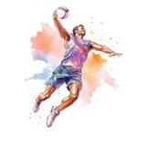 watercolor of a beach volleyball player jumping to spike the ball