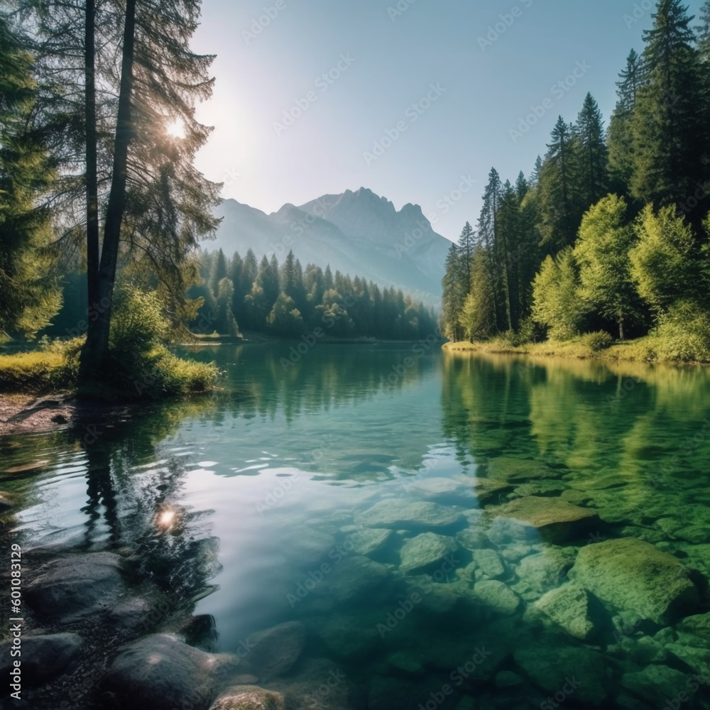 Obraz premium Lake with mountains and trees. AI generative