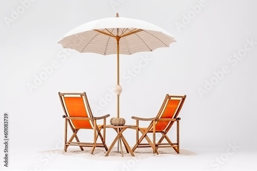 Chairs and a tourist umbrella on a white background. Generative AI