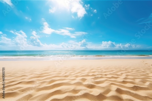 Seascape with clean sand blue water and sky with clouds. Generative AI