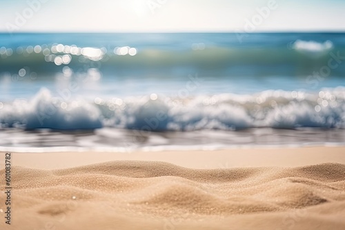 Sea beach landscape with blur, focus on the sand in the foreground. Generative AI