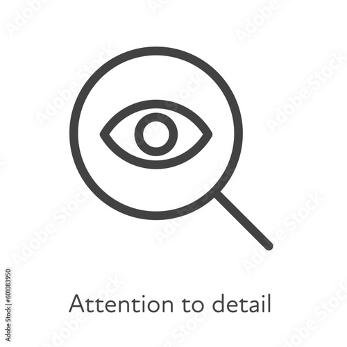 Outline style ui icons soft skill for business collection. Vector black linear illustration. Attention to detail. Magnifier glass with eye symbol isolated. Design for corporate training