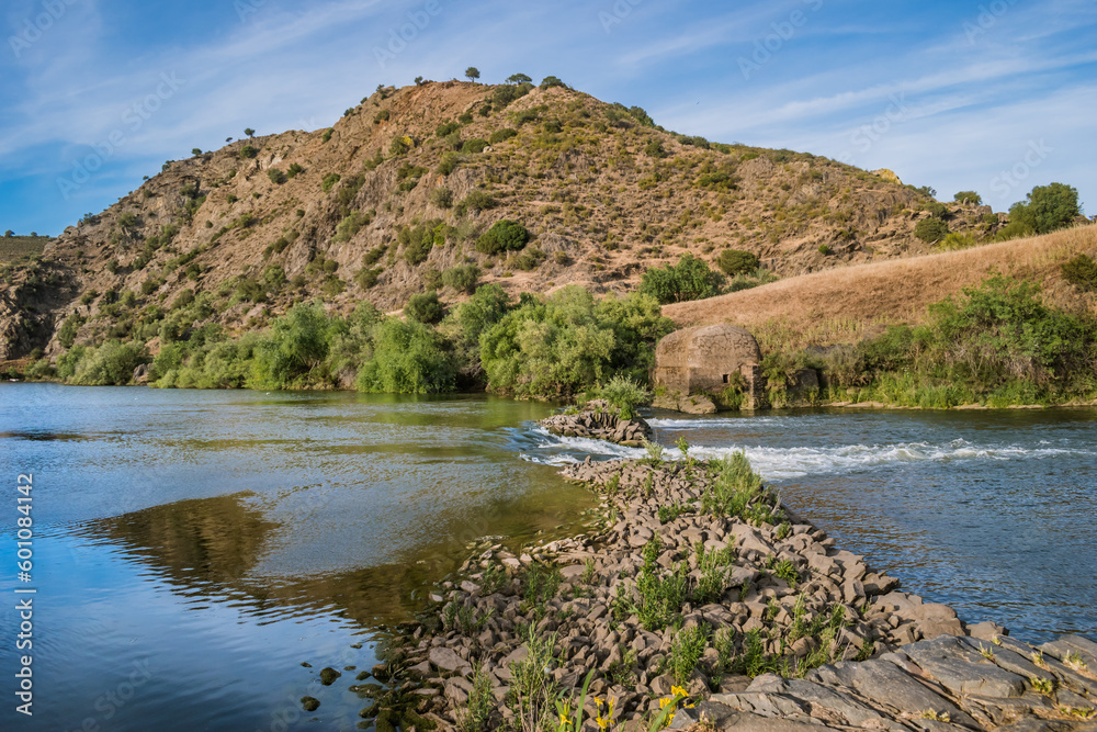 Stones and herbs by the weir in the river beach of Azenhas do Guadiana and mountain in the background, Mértola - Alentejo PORTUGAL