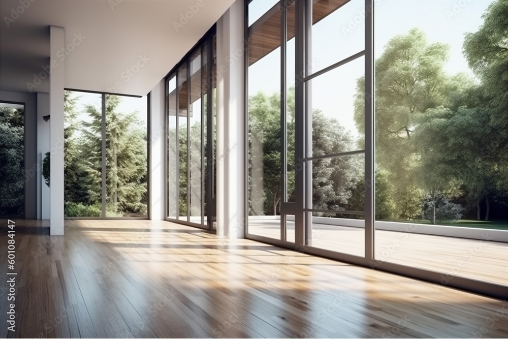 Obraz premium wood white design room modern interior light wall large empty window. Generative AI.