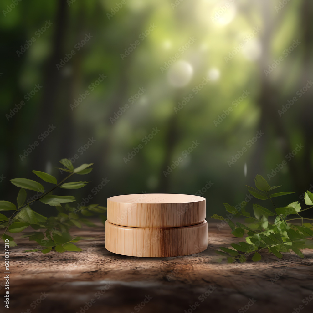 Wooden product display podium with blurred nature leaves Wooden product display podium with blurred nature leaves