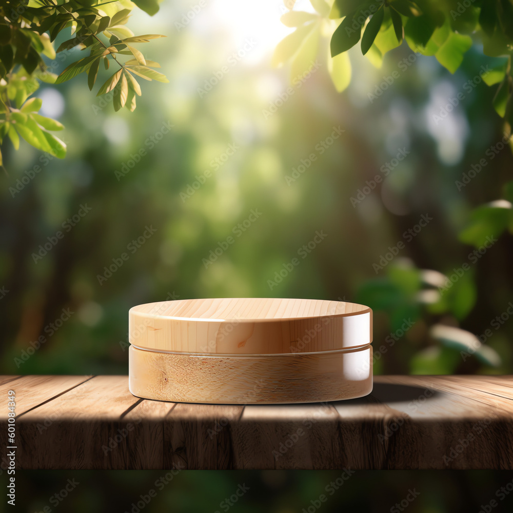 Wooden product display podium with blurred nature leaves Wooden product display podium with blurred nature leaves