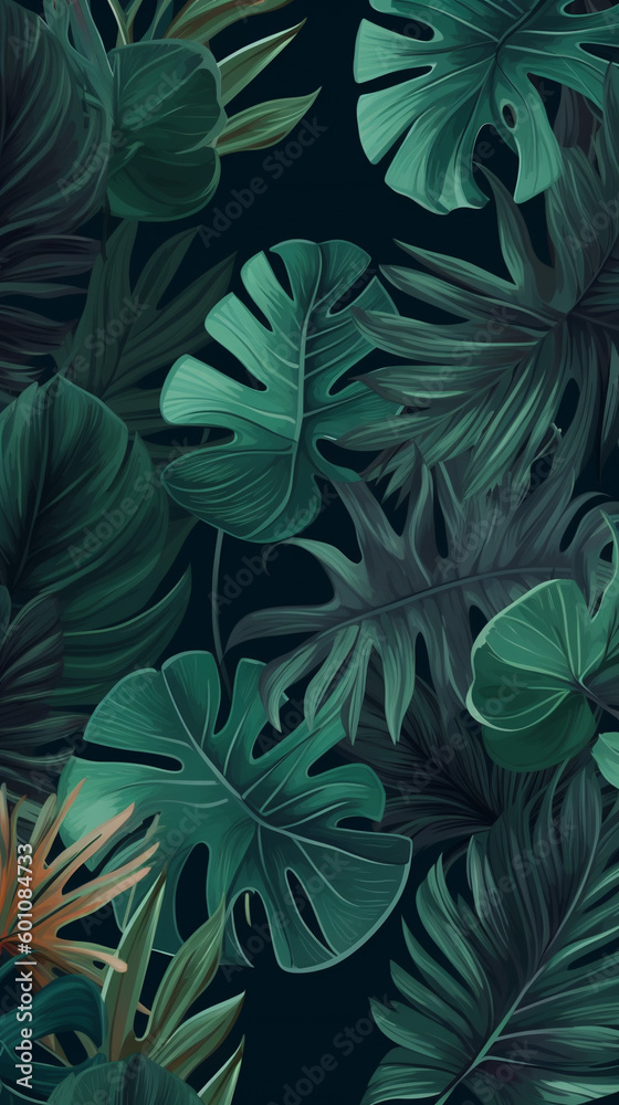 Fototapeta premium Tropical elegant background arranged from exotic emerald leaves. Paradise plants, greenery chic card. Stylish fashion banner. Wedding template. Leaves are not cut. generative ai