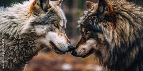 two wolves face each other, aggressive mood of a turf war to make the hierarchy clear, generative ai