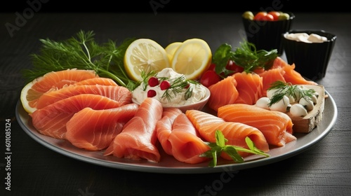 Smoked salmon plate with cream cheese and vegetables