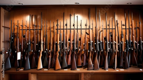 Fotografie, Obraz Collection of rifles and carbines on the wall