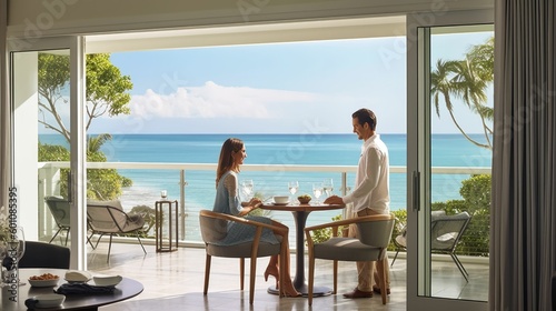 Wallpaper Mural Couple talking at open dining room patio door with ocean view Torontodigital.ca