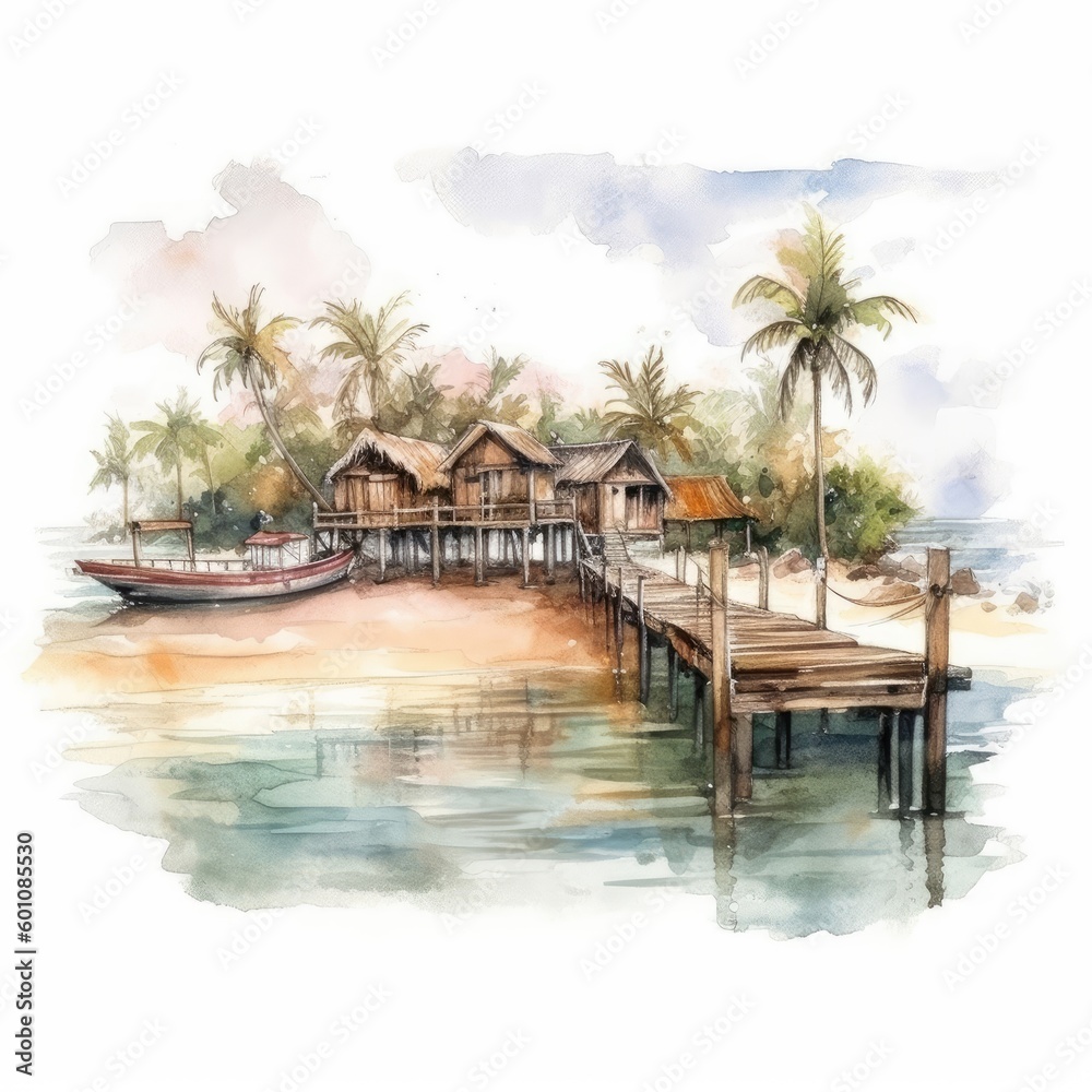 watercolor of a tropical island with a wooden pier extending into the ocean