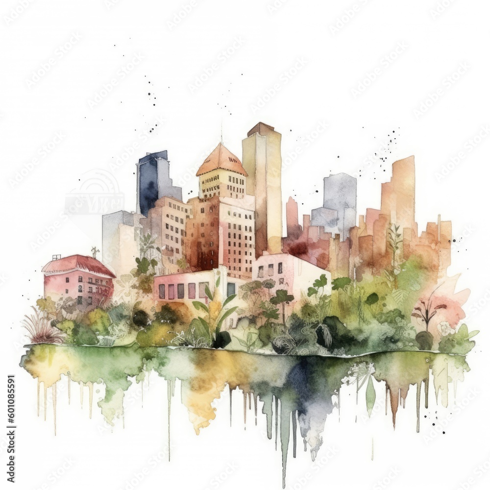 watercolor of a city skyline with green