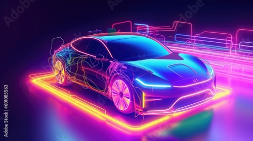 Generative AI illustration of futuristic neon electric city