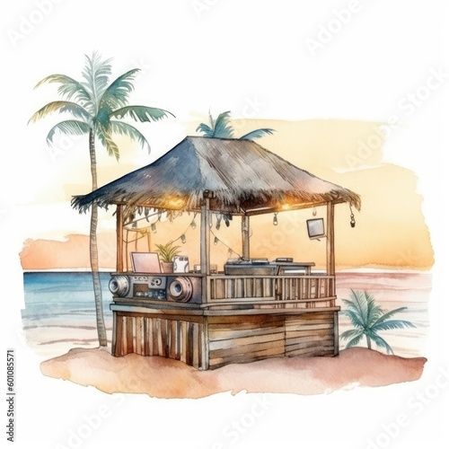 watercolor of a DJ booth on a beach with a tropical sunset