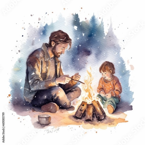 watercolor of a father and child roasting around a campfire