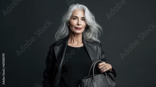 Confident mature man with grey hair and handbag