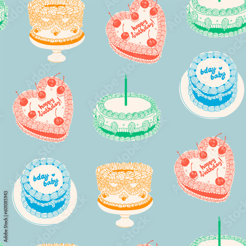 Cakes with candle, cherry, cream. Retro style. Sweet tasty food. Hand drawn trendy Vector illustration. Party, wedding, anniversary, celebration, birthday concept. Square seamless Pattern