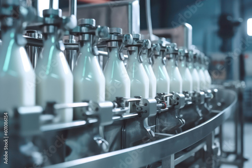 A selective focus shot of complete milk bottling line in a factory