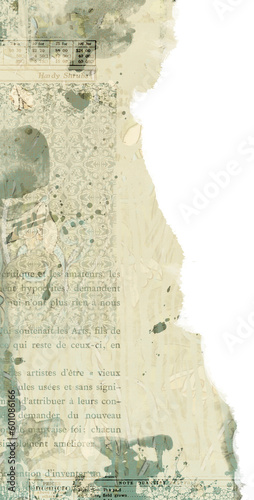 Vintage torn paper suitable for graphic design, scrapbooking or journaling. Stains, patterns and text in beige and green.