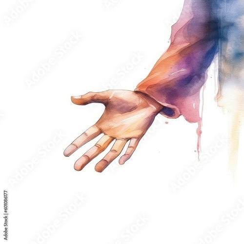 watercolor of hands reaching out to help a refugee