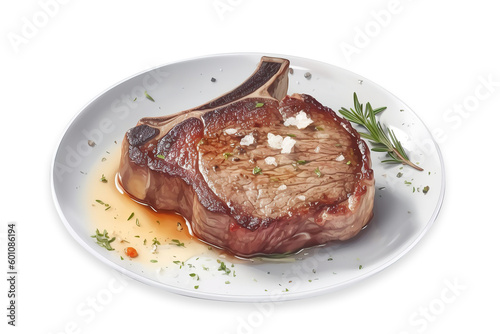 Grilled ribeye plate with salt on top on cutout PNG transparent background. Generative AI