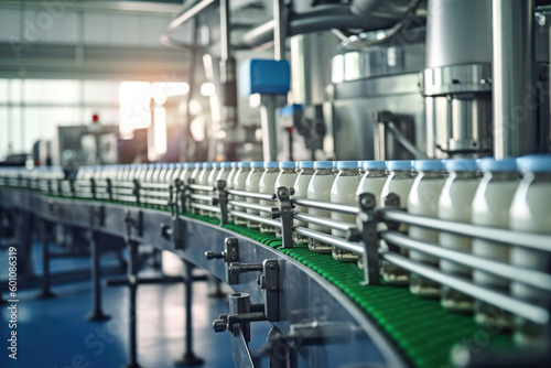 A selective focus shot of complete milk bottling line in a factory