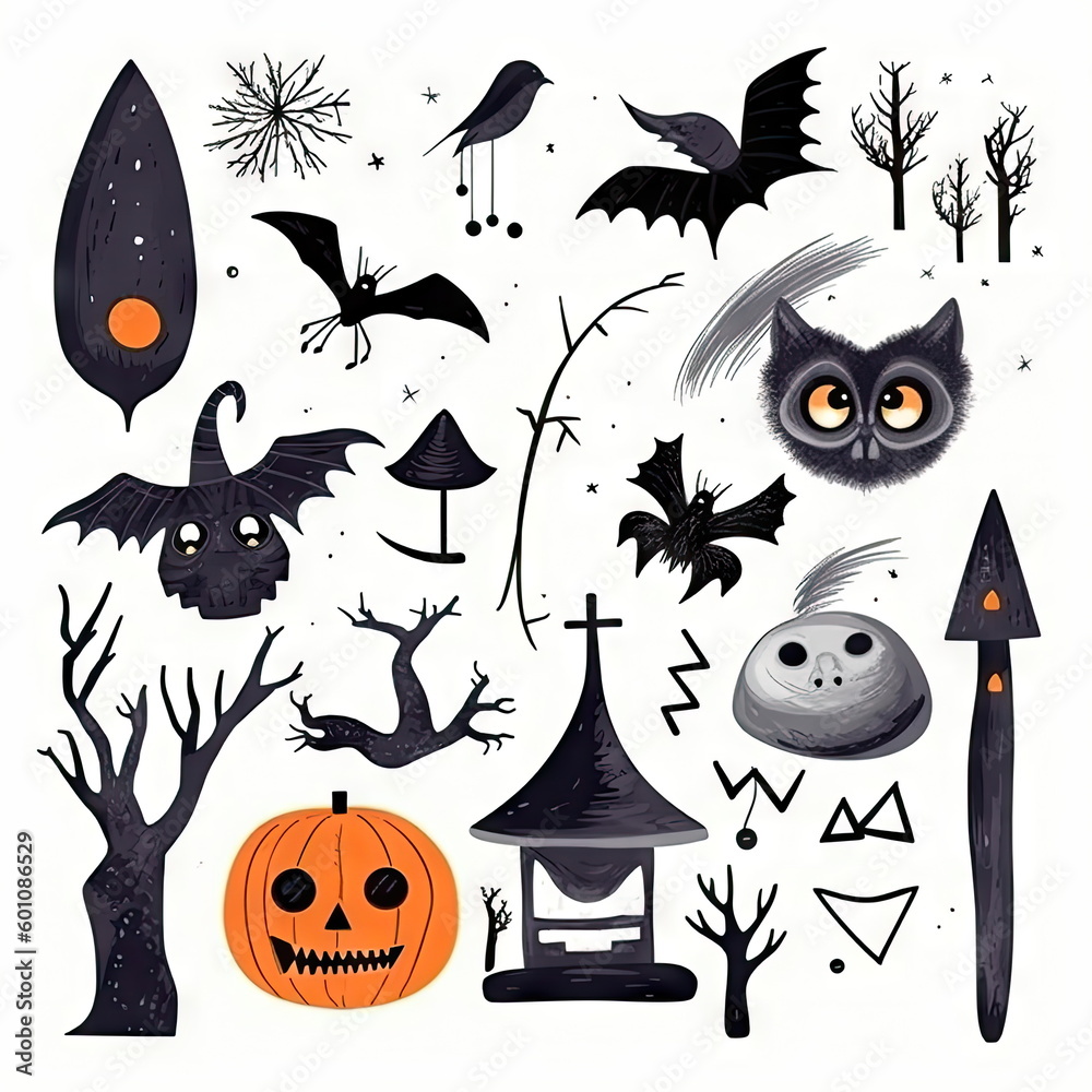 Halloween clipart elements set, white background Stock Illustration ...