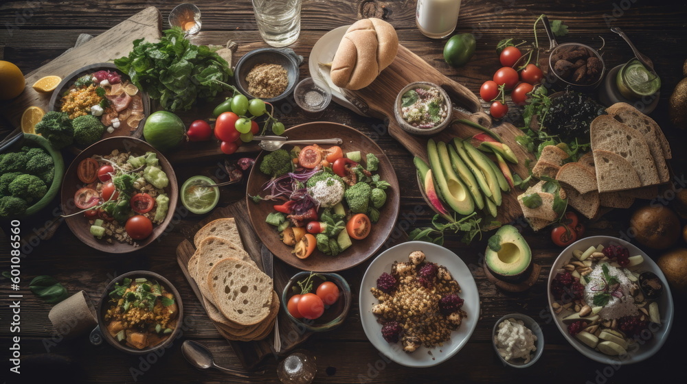 healthy food dishes, on wood background