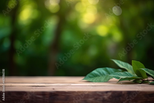 Wooden board empty table with blurred green leaf background