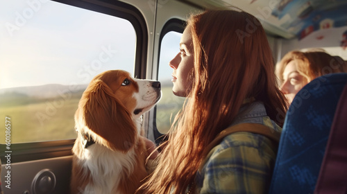 Cavalier king charles spaniel dog travelling in a bus, accompanying his red-haired woman owner, pets best friends, hugging, AI Generated.