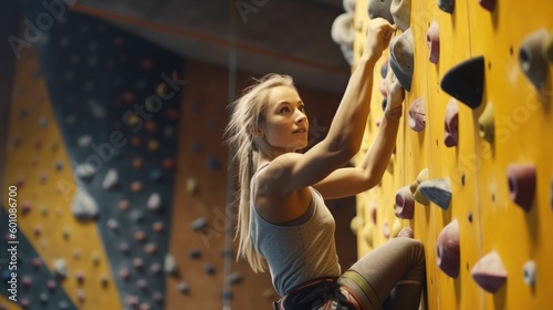 Young female rock climber on climbing wall in gym