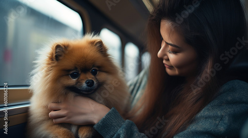 Pomeranian dog travelling in a train  accompanying his woman owner  pets best friends  AI Generated.