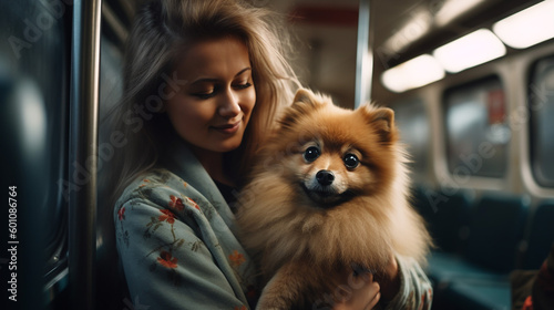 Pomeranian dog travelling in a train, accompanying his woman owner, pets best friends, AI Generated.