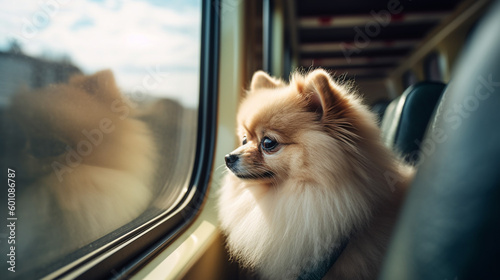 Pomeranian dog travelling in a train, looking at the window, accompanying his owner, pets best friends, AI Generated.