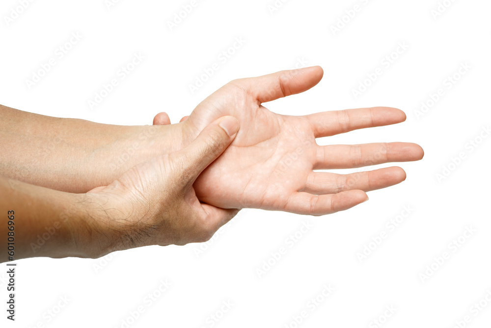 Concept photo of pain or spasm in thumb, which muscles of which are spasming or aching joints.Pain at the base of the thumb