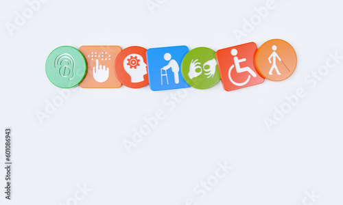 Disability icons engraved on plastic cubes and circles. 3D Rendering. photo