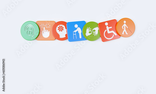Disability icons engraved on plastic cubes and circles. 3D Rendering.