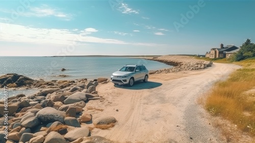 Car parked near the seashore and the cape during summer