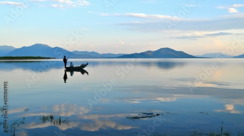 Fisherman fishing on a calm lake surrounded by mountains and sky