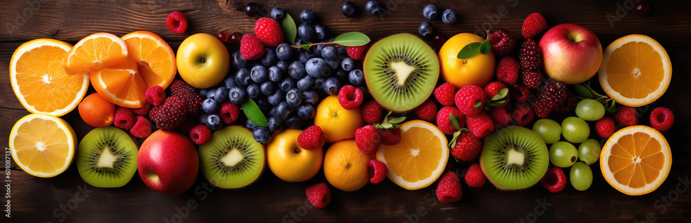 Fruits variety, top view, fruits spilled on a table, healthy eating banners, bio - generative ai