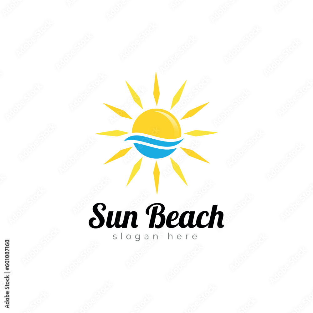 Fototapeta premium sunset sunrise with sea water sea beach vector logo icon.